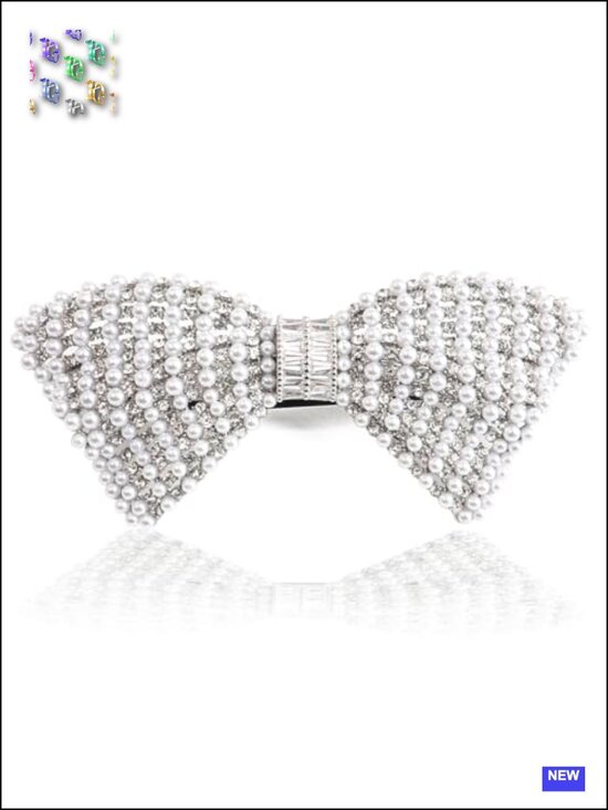 Vintage Pearl Rhinestone Bow Hair Barrette with Cubic Zirconias, Adjustable for